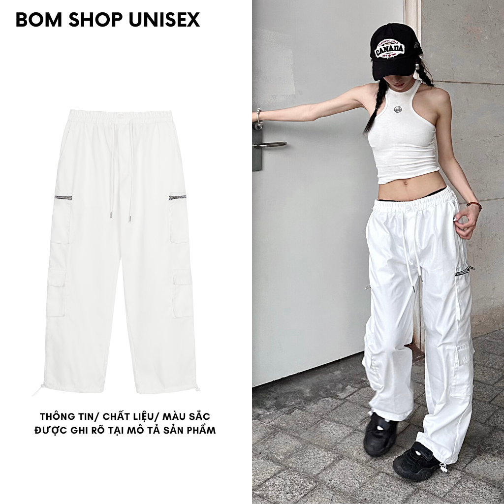 Quần Dài Ống Rộng Kaki Túi Hộp Cạp Cao Lưng Chun Bo Chân Phối Dây Rút Nam Nữ Unisex