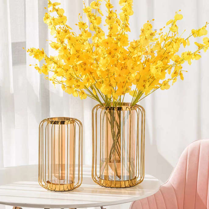 Bình hoa decor đèn lồng khung thép ruột thuỷ tinh hổ phách cao cấp , lọ cắm hoa trang trí sảnh văn phòng phòng khách