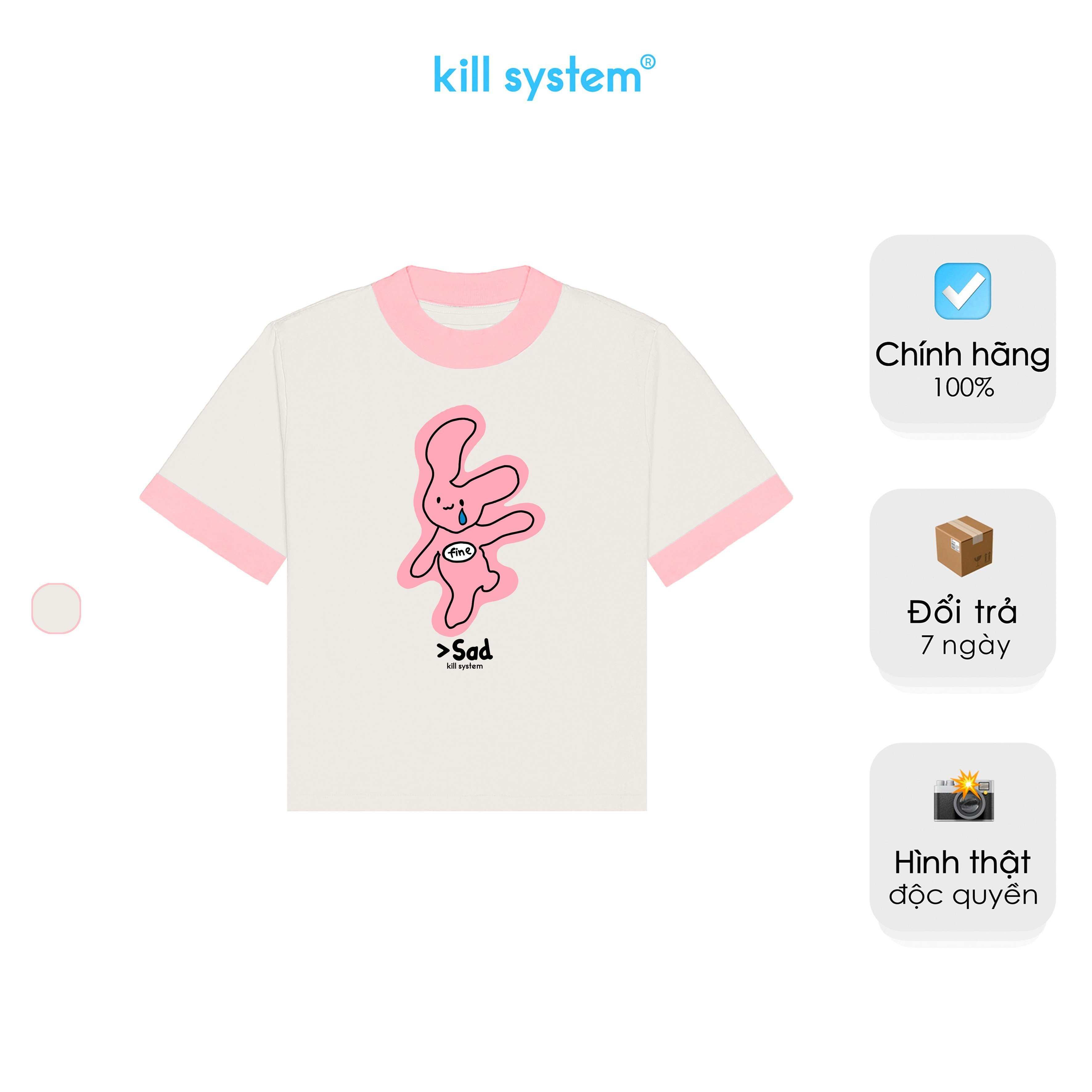 Áo thun Kill System form fit Thỏ Fine màu kem hồng viền tay chất vải cotton