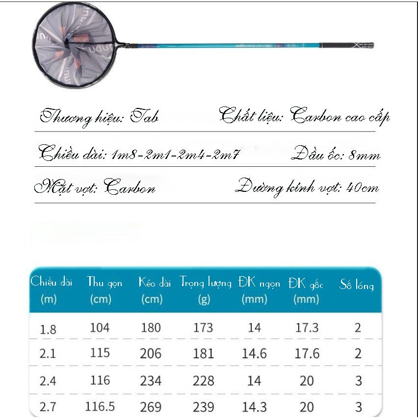Cán vợt câu đài tab kích thước 2.1m, 2.4m, 2.7m, cán vợt carbon