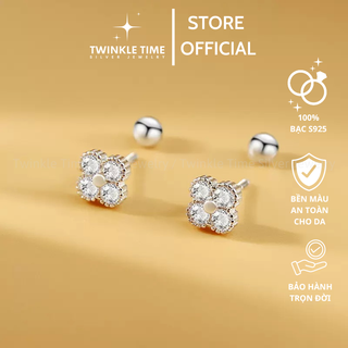 Khuyên tai bạc nữ Twinkle Time cỏ bốn lá đính đá chốt ren bi xinh xắn Twinkle Time Khuyên tai TT043 cao cấp