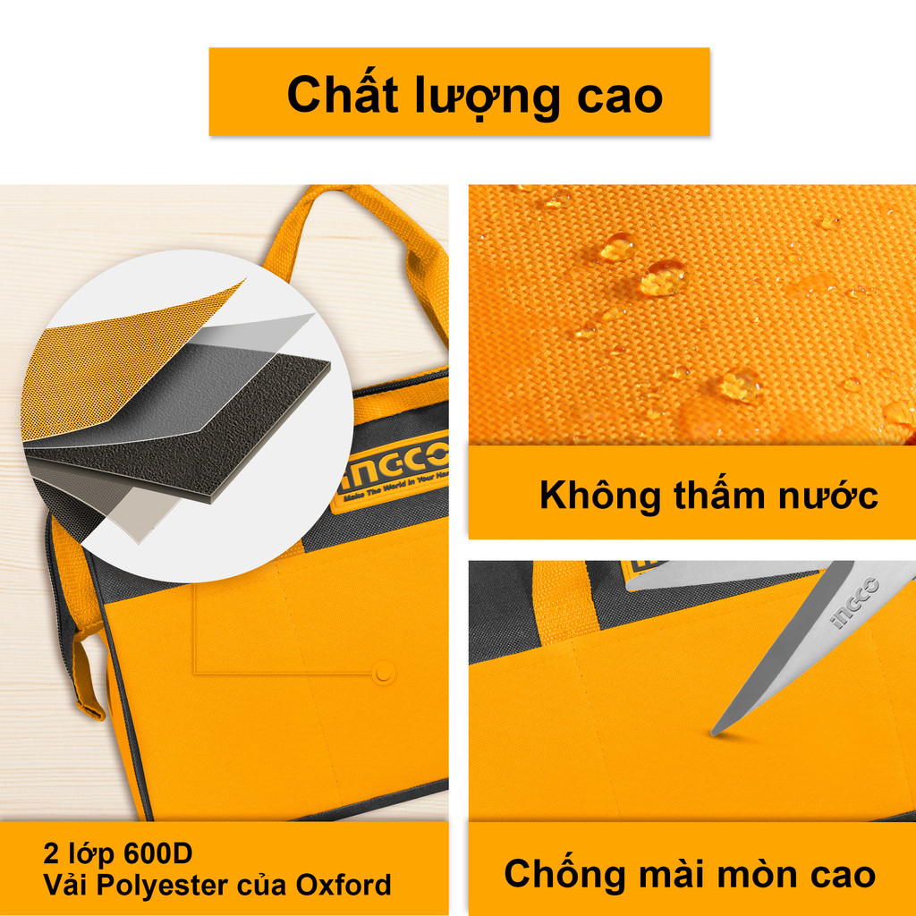 Túi đựng đồ nghề 16 inch (41cm) INGCO HTBG281628 có 6 túi bên ngoài và 8 túi bên trong đựng nhiều loại dụng cụ & phụ kện