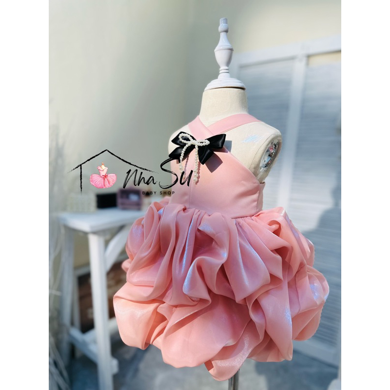 Đầm voan hai dây đính nơ ngọc trai nhân tạo trước váy, váy thời trang nhẹ tiểu thư thiết kế bởi Nhà Su