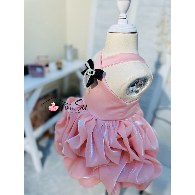 Đầm voan hai dây đính nơ ngọc trai nhân tạo trước váy, váy thời trang nhẹ tiểu thư thiết kế bởi Nhà Su