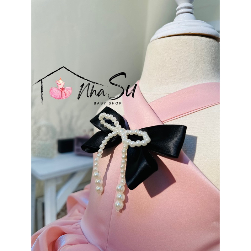 Đầm voan hai dây đính nơ ngọc trai nhân tạo trước váy, váy thời trang nhẹ tiểu thư thiết kế bởi Nhà Su