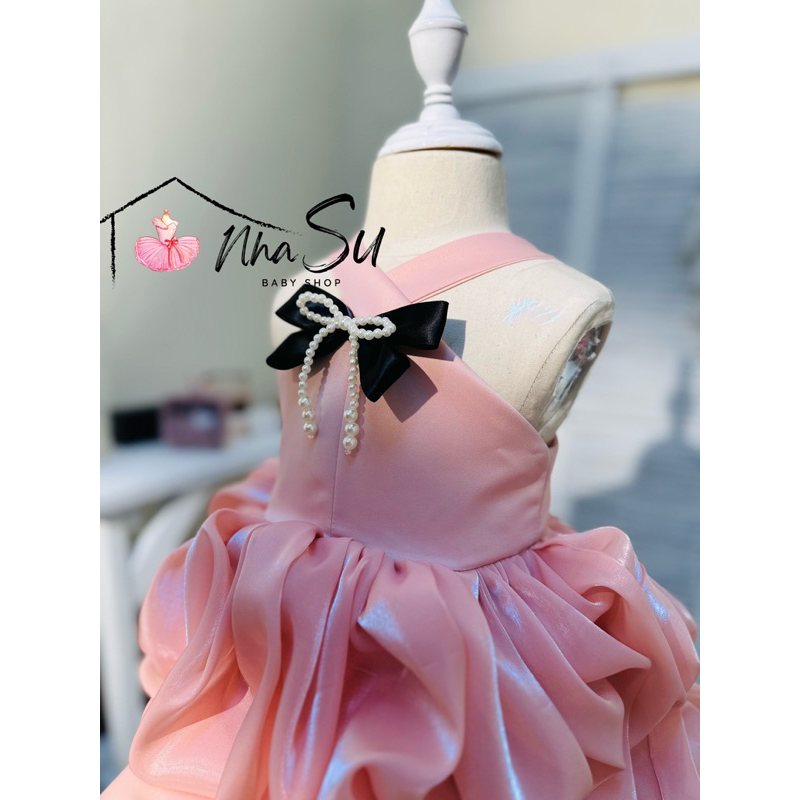 Đầm voan hai dây đính nơ ngọc trai nhân tạo trước váy, váy thời trang nhẹ tiểu thư thiết kế bởi Nhà Su