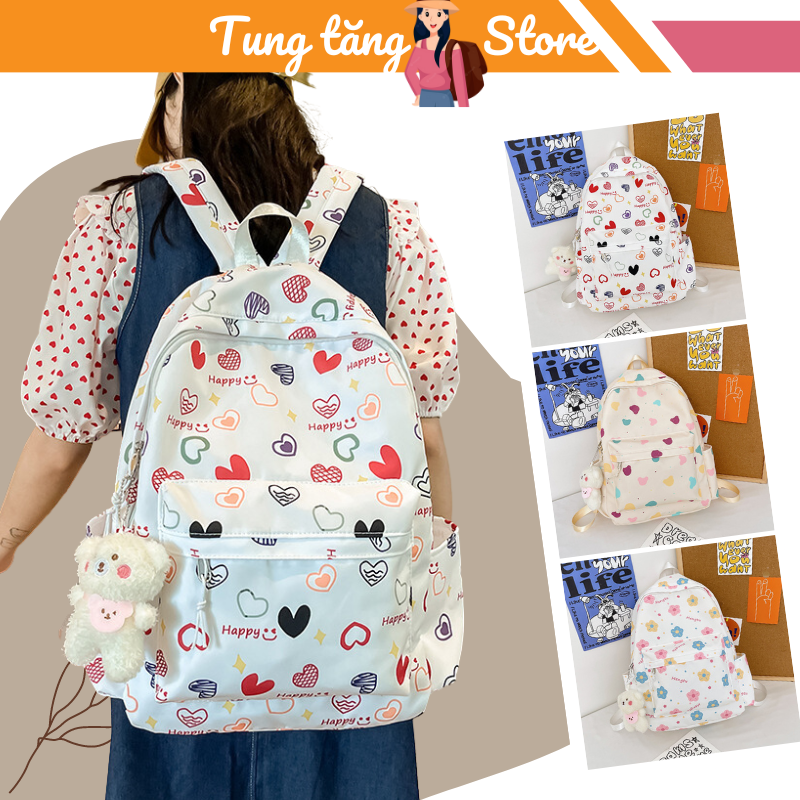 Balo đi học nữ balo đi chơi nữ balo thời trang nữ họa tiết trái tim bông hoa cute màu sắc vui tươi nhiều ngăn chống nước