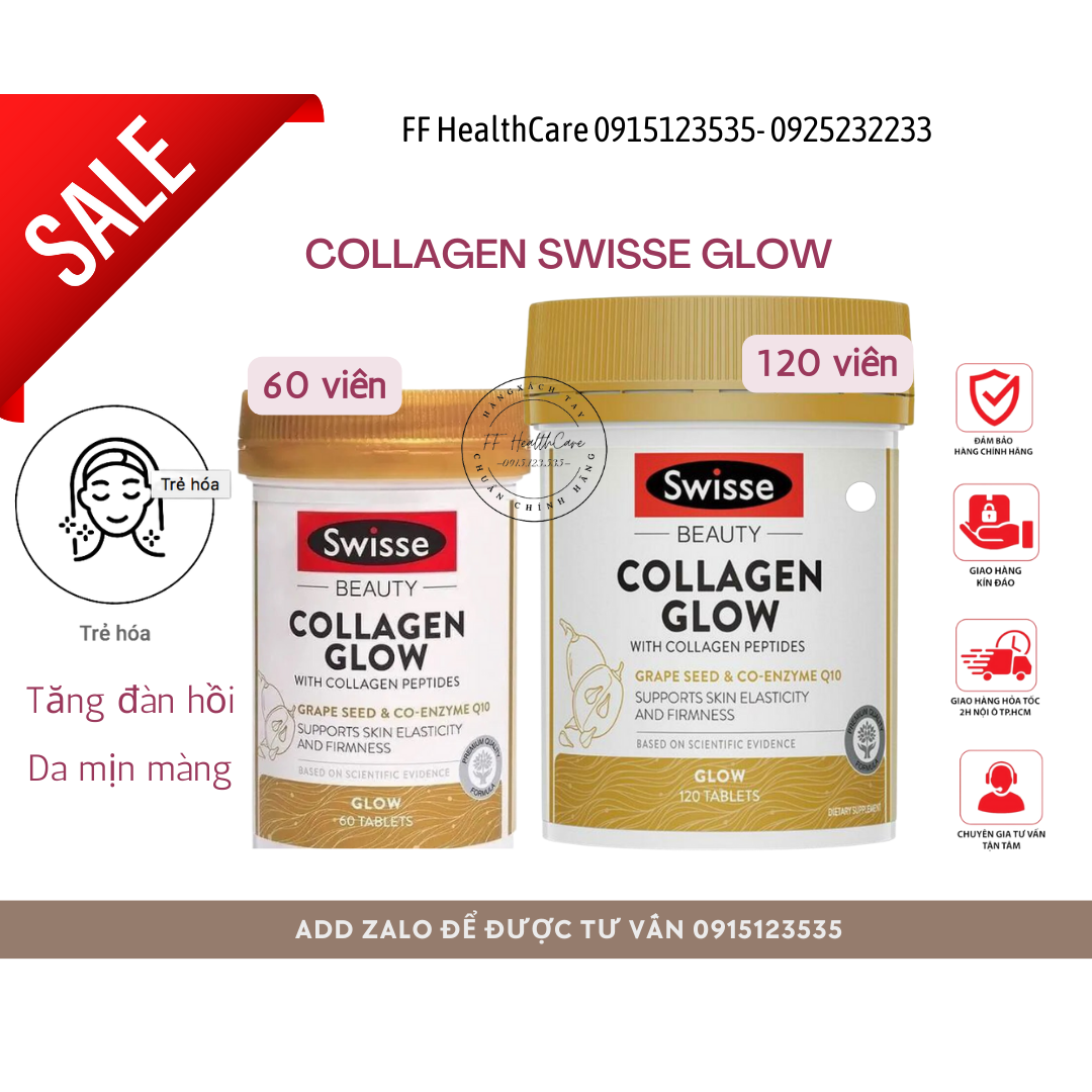 Collagen Glow Swisse Viên Uống Đẹp Da,Căng Bóng Da, Chống Lão Hoá Da 60 Viên/ 120 Viên