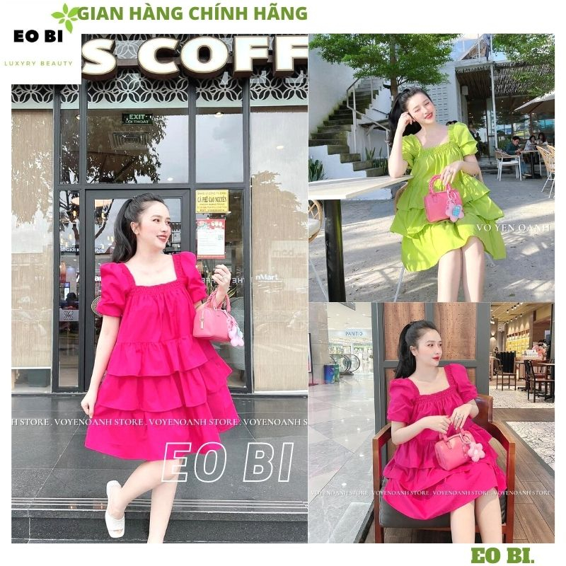 Váy babydoll cổ chun tay bồng xếp ly tầng bánh bèo, Đầm tiểu thư cổ vuông 3 tầng bo tay chất mềm mại xinh xắn - EOBI