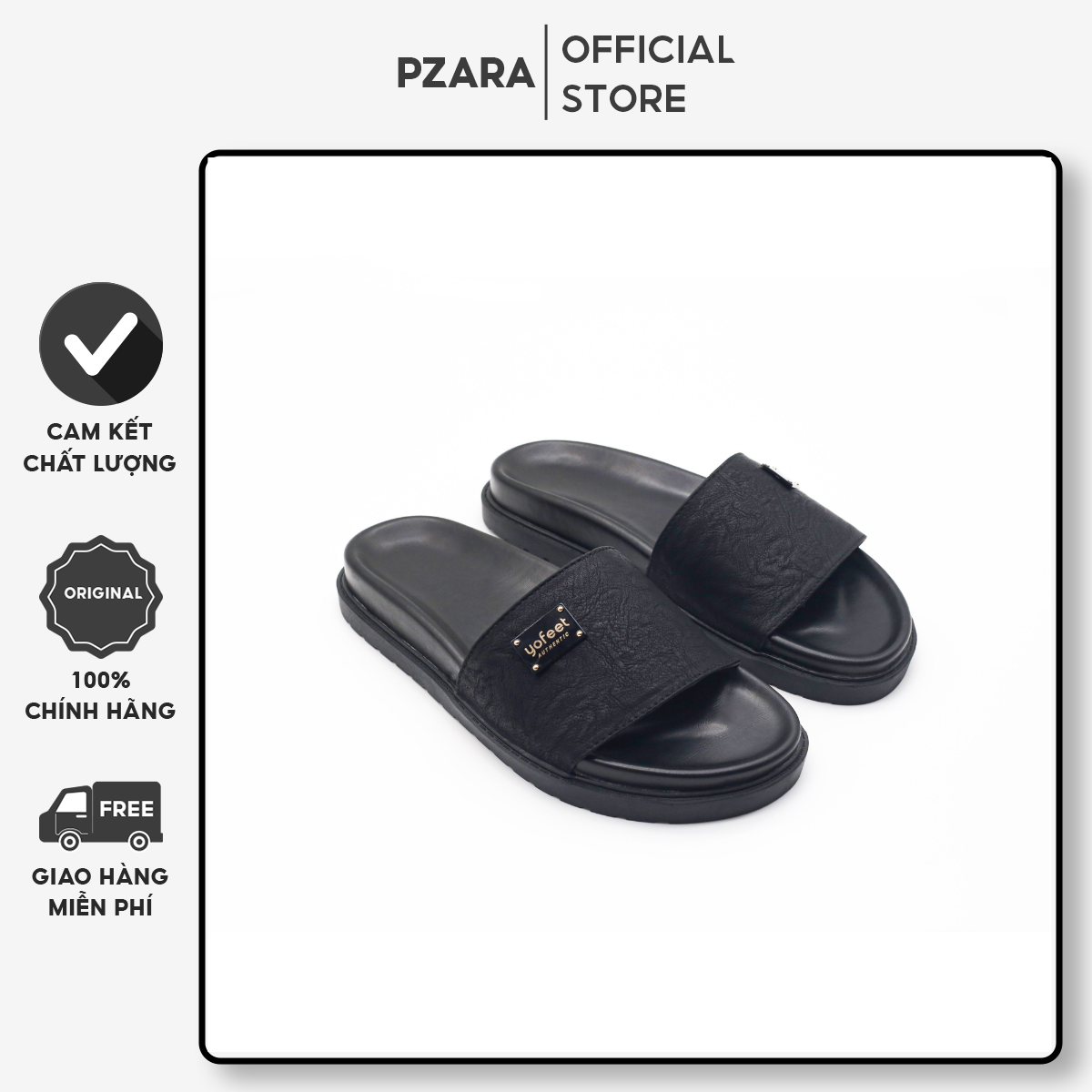 Dép Nam quai ngang YOFEET bản màu đen da sần đế cao cấp, lịch sự, sang trọng P036