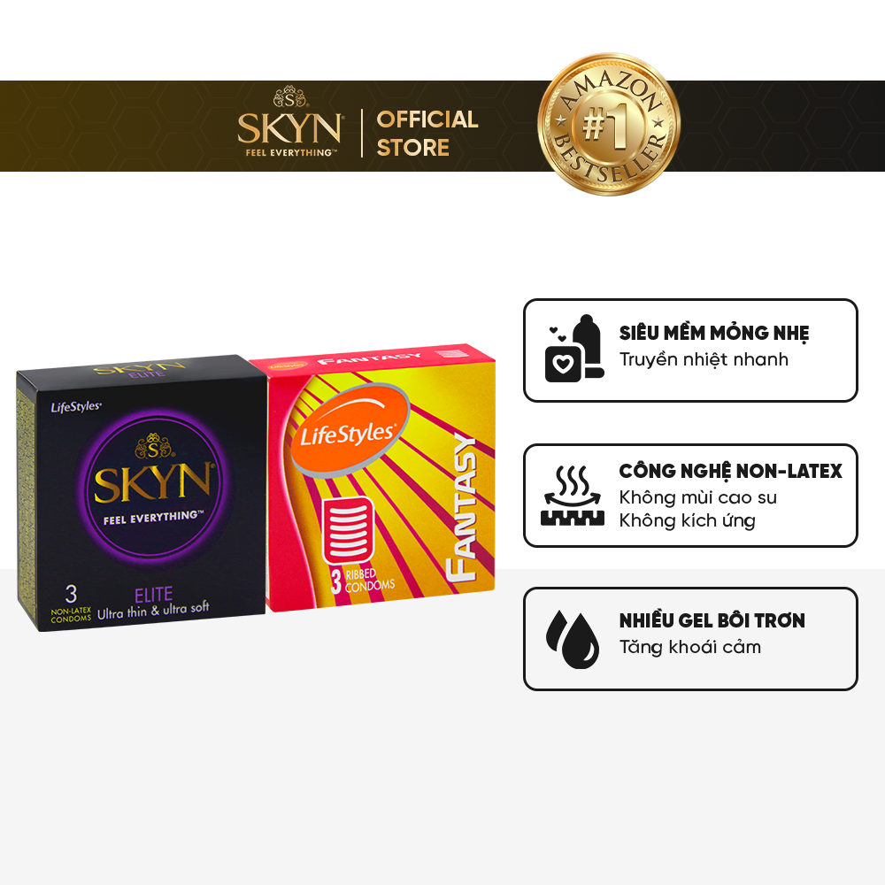 Combo 1 Hộp Bao Cao Su LifeStyles SKYN Elite Non-latex 3 bao + 1 Hộp Bao Cao Su LifeStyles Fantasy 3 bao
