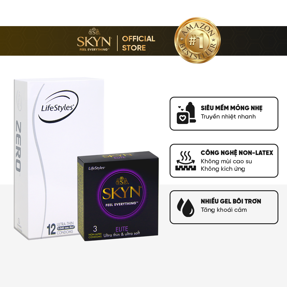 Combo 1 Hộp Bao Cao Su LifeStyles SKYN Elite Non-latex 3 bao + 1 Hộp Bao Cao Su LifeStyles Zero 12 bao