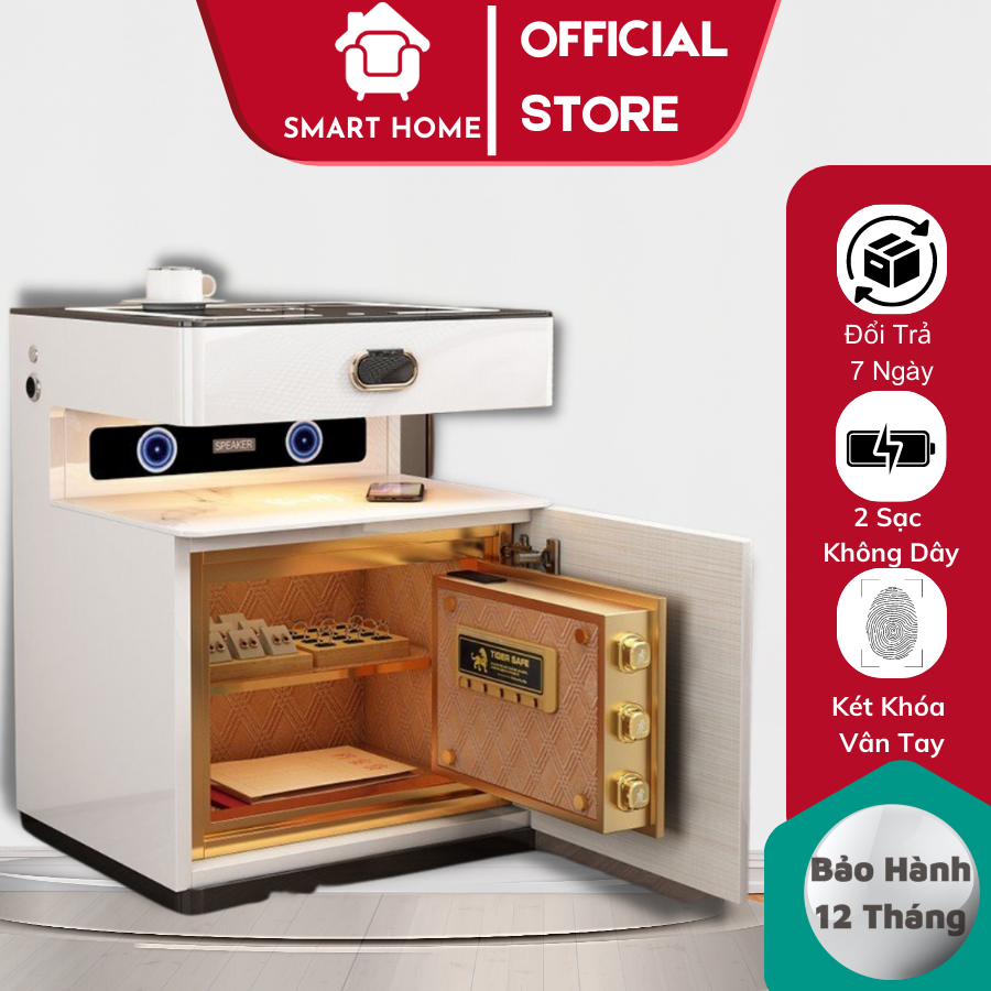 Tủ đầu giường, Tap đầu giường liền két thông minh Smart Home kết hợp 2 sạc cảm ứng đèn Led Loa Bluetoot cổng USB