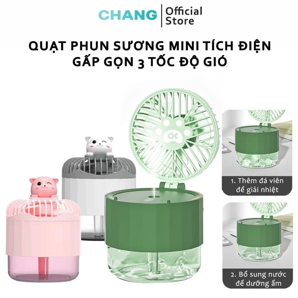 Quạt Mini Phun Sương Gấp Gọn Sạc Tích Điện 1500mAh 3 Chế Độ Gió Mát Tích Hợp Đèn Ngủ Nhiều Màu