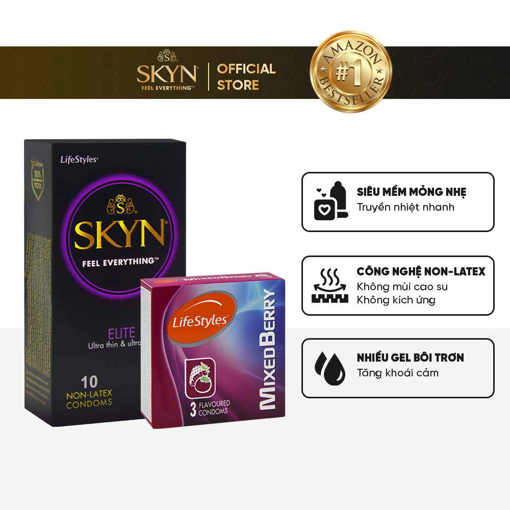 Combo Bao Cao Su SKYN Elite Non-latex 10 bao + 1 Hộp Bao Cao Su LifeStyles Mixed Berry 3 bao