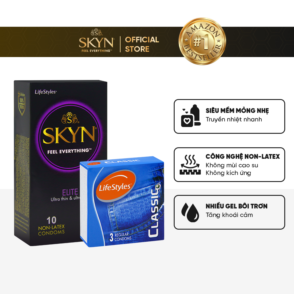 Combo 1 Hộp Bao Cao Su LifeStyles SKYN Elite Non-latex 10 bao + 1 Hộp Bao Cao Su LifeStyles Classic 3 bao