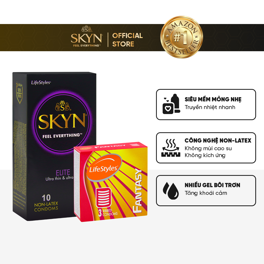 Combo 1 Hộp Bao Cao Su LifeStyles SKYN Elite Non-latex 10 bao + 1 Hộp Bao Cao Su LifeStyles Fantasy 3 bao