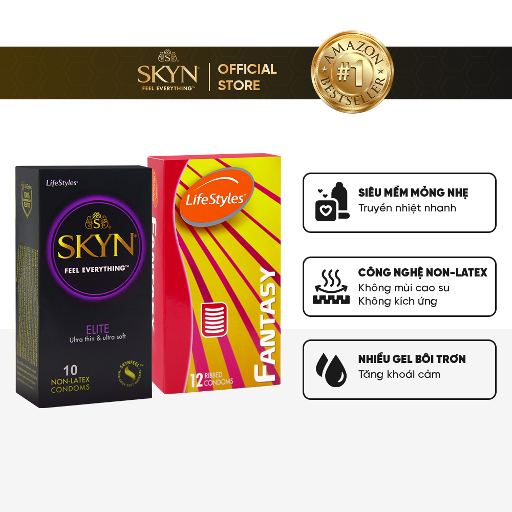 Combo 1 Hộp Bao Cao Su LifeStyles SKYN Elite Non-latex 10 bao + 1 Hộp Bao Cao Su LifeStyles Fantasy 12 bao