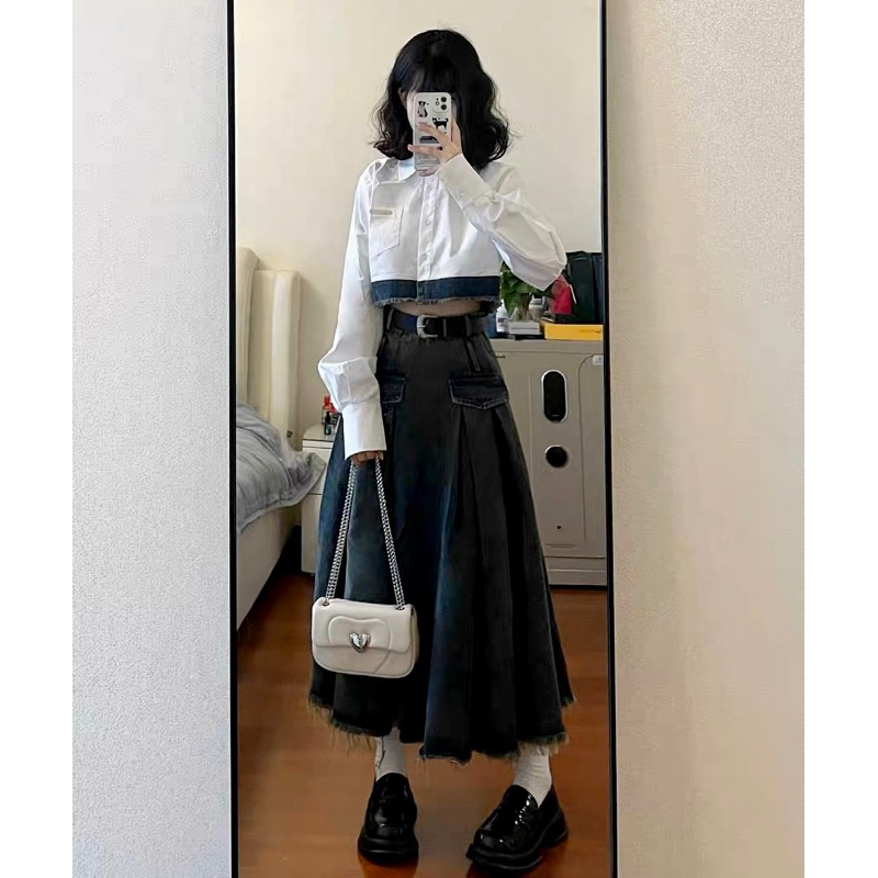 SET sơmi croptop viền bò phối chân váy tennis vải bò cực xinh