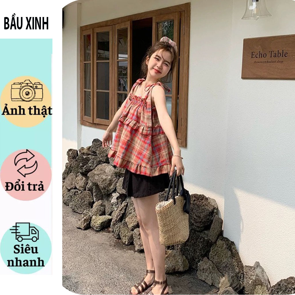 ÁO BẦU 2 DÂY MÙA HÈ-ĐẦM BẦU THIẾT KẾ 2 DÂY KẺ CARO BUỘ NƠ VAI CỰC XINH SIÊU MÁT VẢI THÔ MỀM MÁT FRESIZE GIÁ RẺ