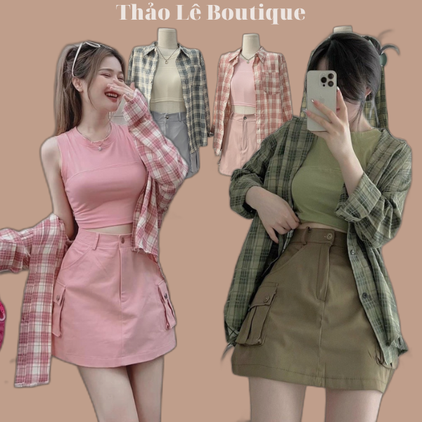 Set 3 món nữ áo ba lỗ croptop kèm áo sơ mi kẻ dài tay mix chân váy chữ A ngắn kaki túi hộp nhiều màu - Qb