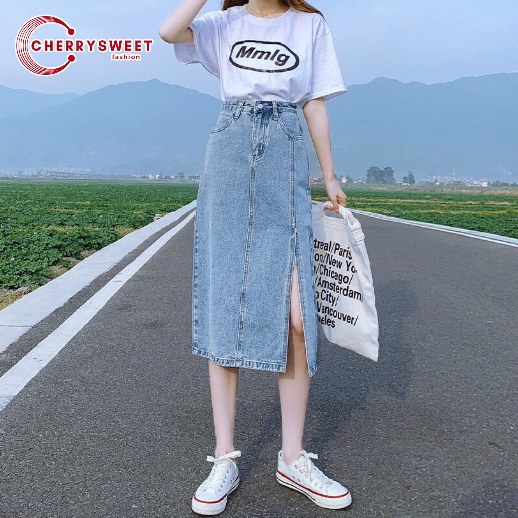 Chân váy jean dài xẻ tà CHERRYSWEET cạp cao chữ a dáng xòe, chất bò đẹp xịn màu xanh cá tính phong cách Hàn Quốc T085