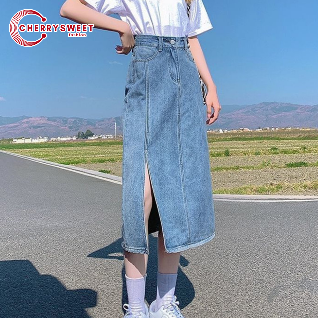 Chân váy jean dài xẻ tà CHERRYSWEET cạp cao chữ a dáng xòe, chất bò đẹp xịn màu xanh cá tính phong cách Hàn Quốc T085