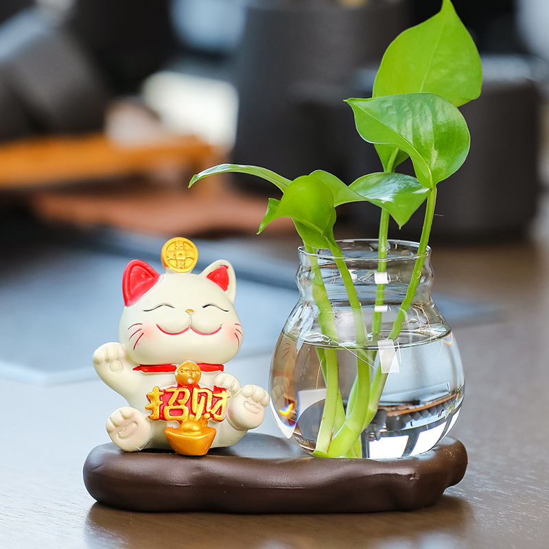 Bình Thủy Sinh Để Bàn Kèm Mèo Thần Tài Sứ