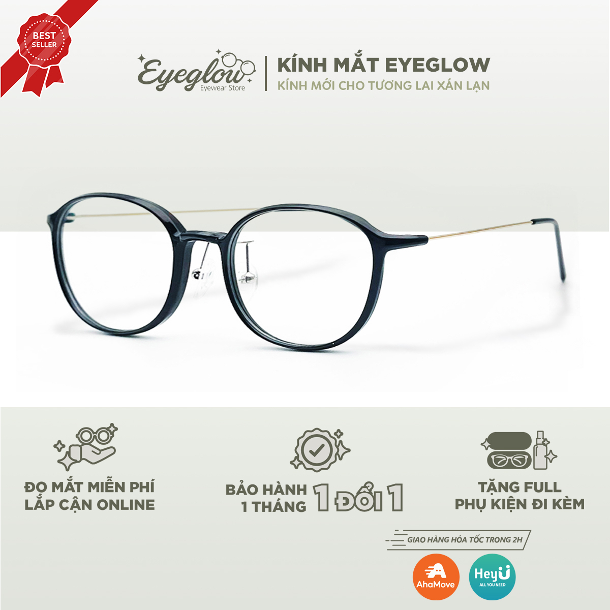 Gọng kính cận nữ Eyeglow càng kính kim loại mắt kình tròn thời trang năng động nhiều màu sắc EG7182