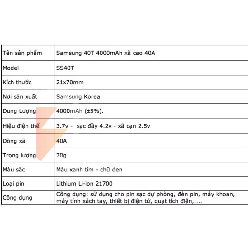 Pin sạc xả cao Samsung 21700-40T 4000mAh 45A mới 100%