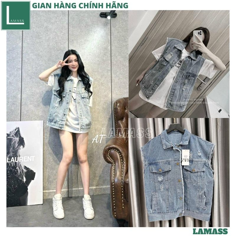 Áo gile bò rách viền túi cá tính thời trang trẻ, Áo khoác jean ba lỗ tua rua phong cách trẻ trung hà