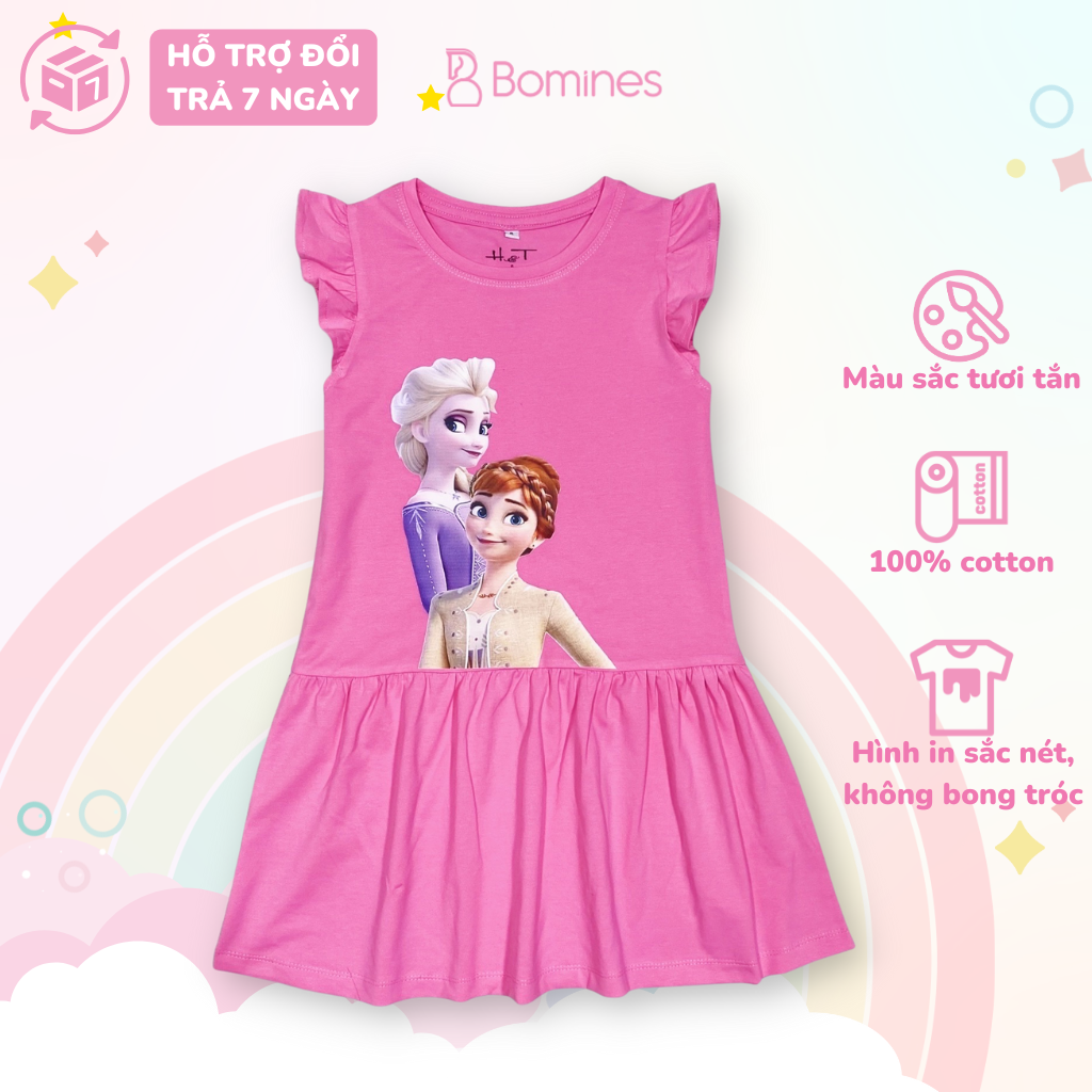 Váy bé gái công chúa Elsa Anna BOMINES, đầm tay cánh tiên thun cotton cho bé 3- 10 tuổi, 12- 30kg DTNELSAANNACANHTIEN