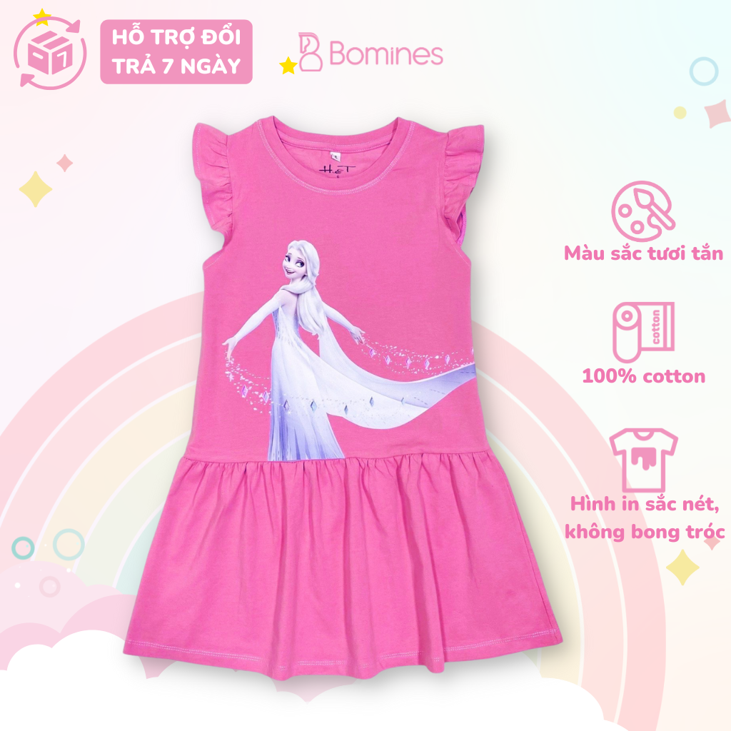 Váy bé gái công chúa Elsa Anna BOMINES, đầm tay cánh tiên thun cotton cho bé 3- 10 tuổi, 12- 30kg DTNELSAANNACANHTIEN