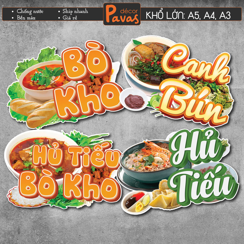 Decal �Bò Kho, Canh Bún, Hủ Tiếu chống nước trang trí dán quán trà sữa, cà phê, quán ăn, dán tường, 