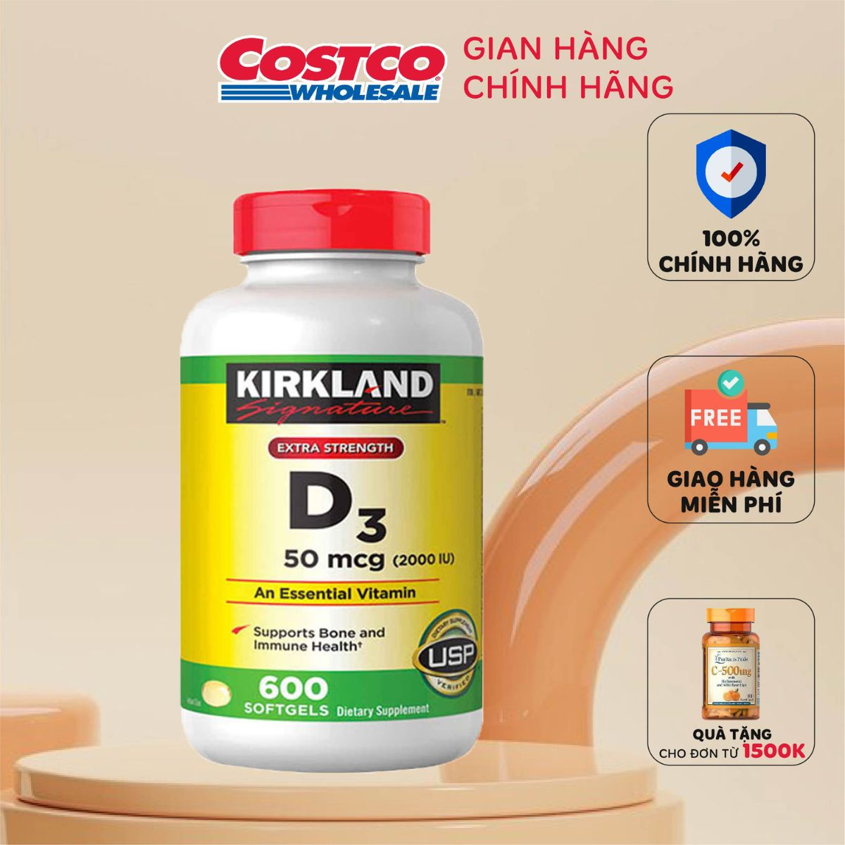 Viên uống bổ sung Vitamin D3 2000IU Kirkland Signature hỗ trợ hệ xương phát triền và nâng cao đề kháng 600 viên