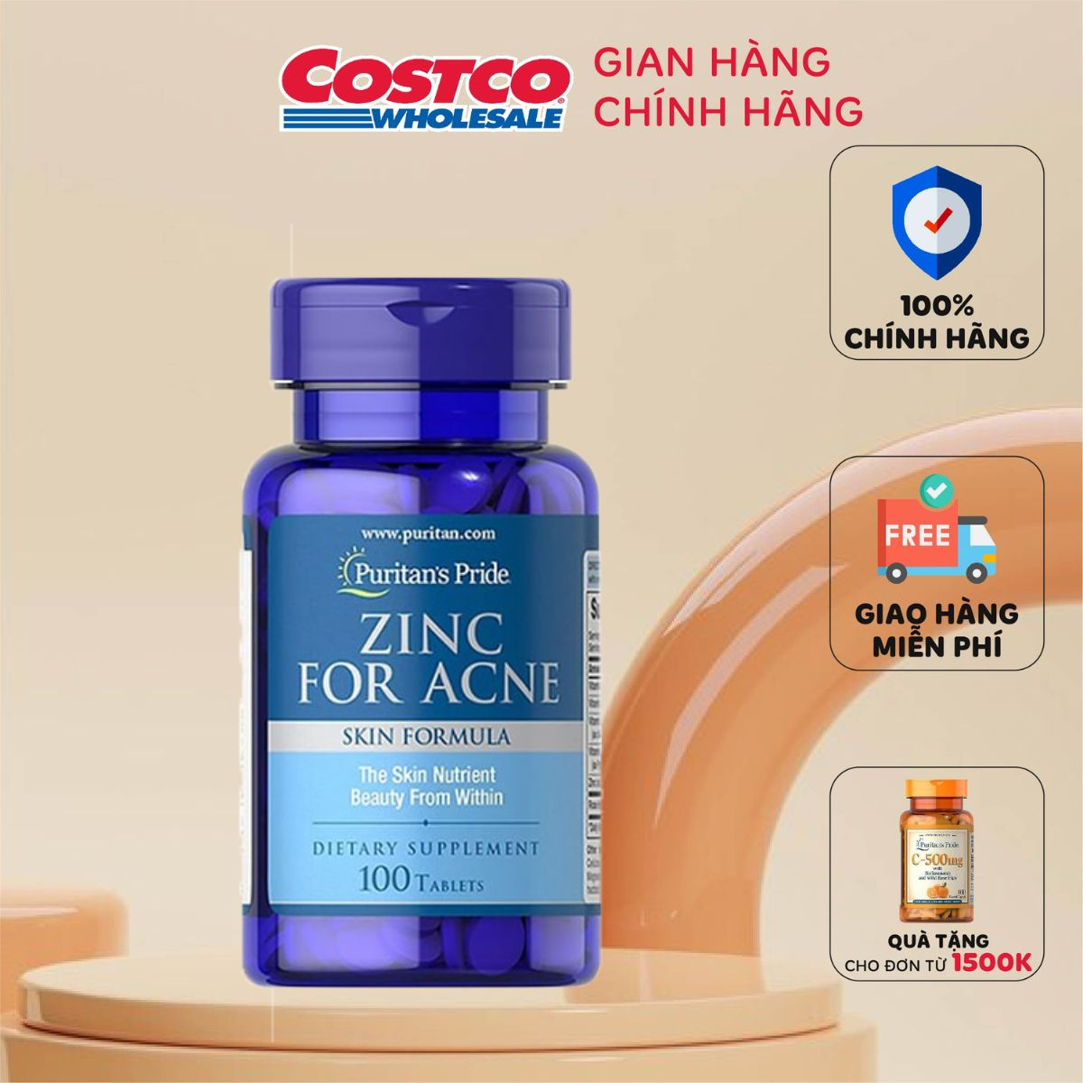 Viên uống bổ sung kẽm, giảm mụn nội tiết Puritan's Pride Zinc For Acne 100 viên Mỹ