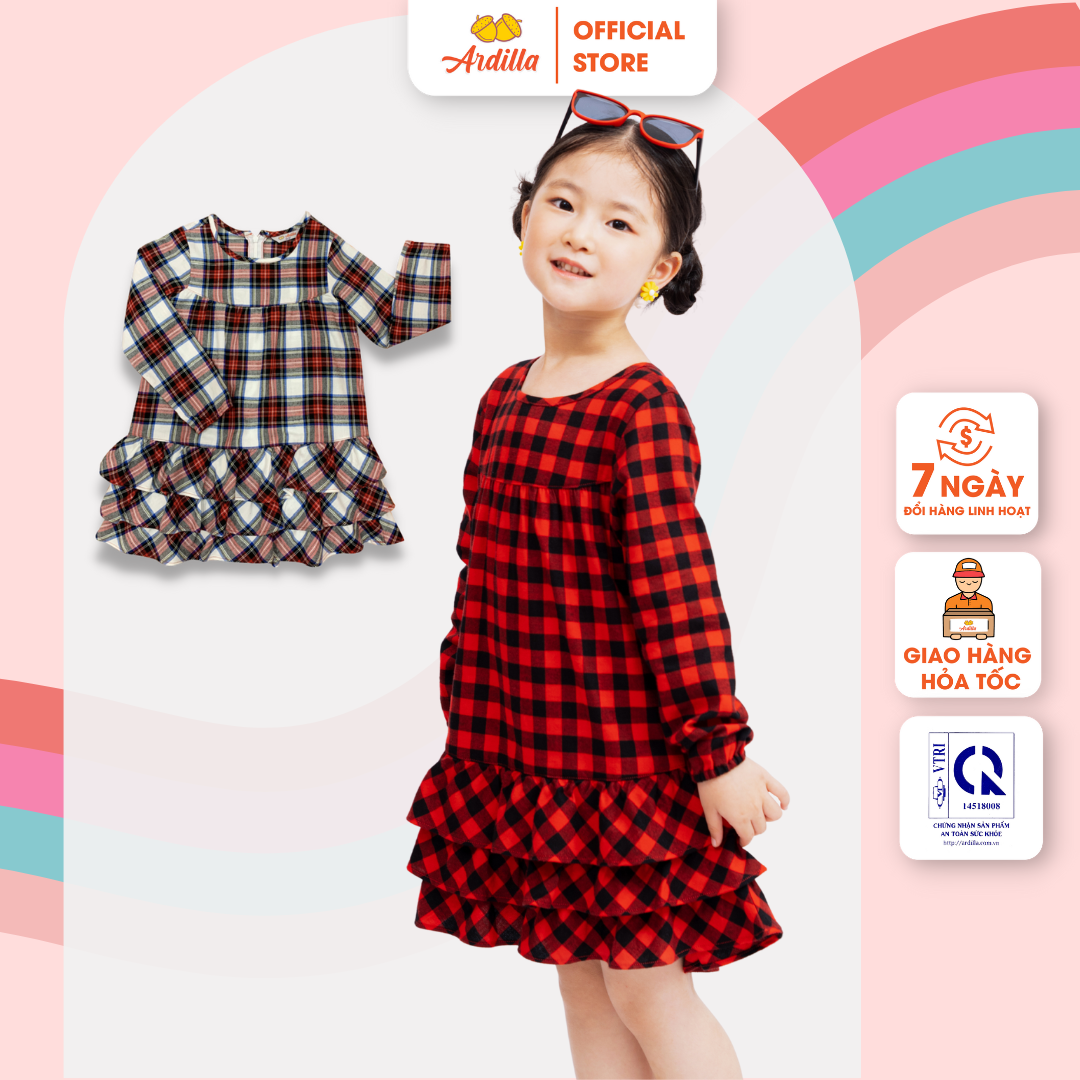 Váy Dài Tay Bé Gái ARDILLA Thiết Kế Họa Tiết Caro 3 Tầng, Chất Liệu Vải Mềm Mại Cho Bé Từ 2-9 Tuổi KA8501-VDT
