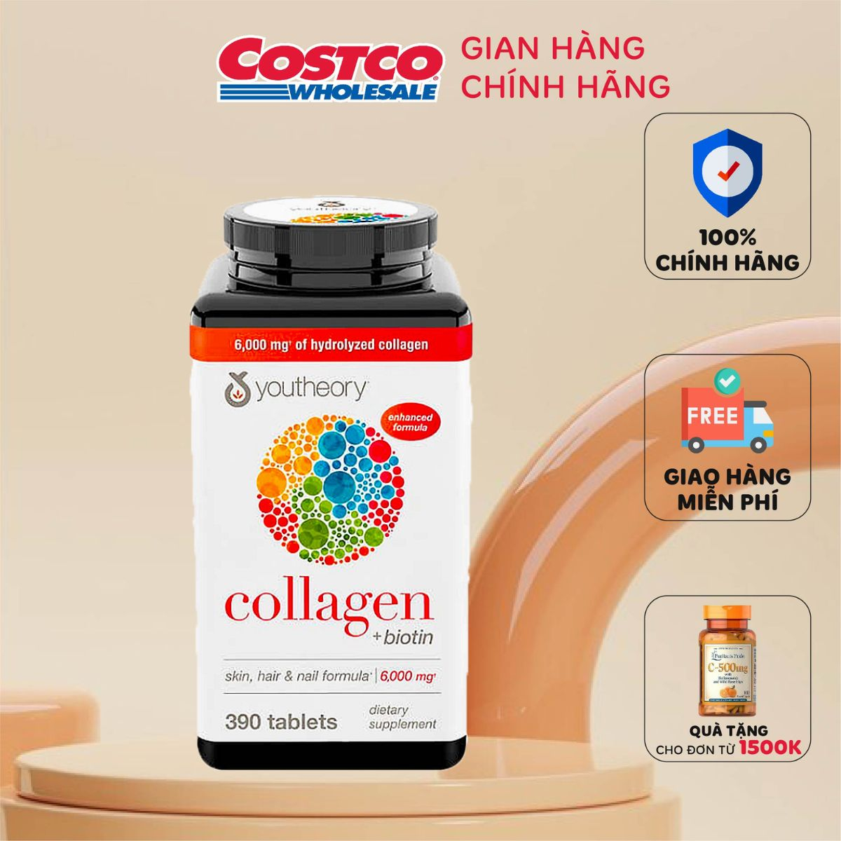Collagen Kirkland Signature - Viên uống bổ sung Collagen Youtheory Mỹ 390 viên