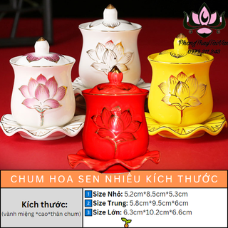 Chum nước,ly nước có nắp "hoa sen nổi"có đế lá sen 8.5/9.5/10.5cm