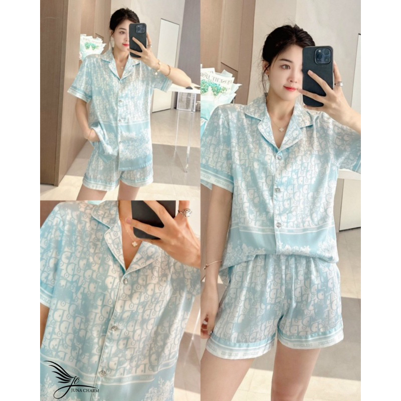 Đồ mặc nhà pijama nữ với gam màu xanh tươi mát nhẹ nhàng tinh tế hoa văn Dior sang trọng thanh lịch chất liệu êm dịuuuuu