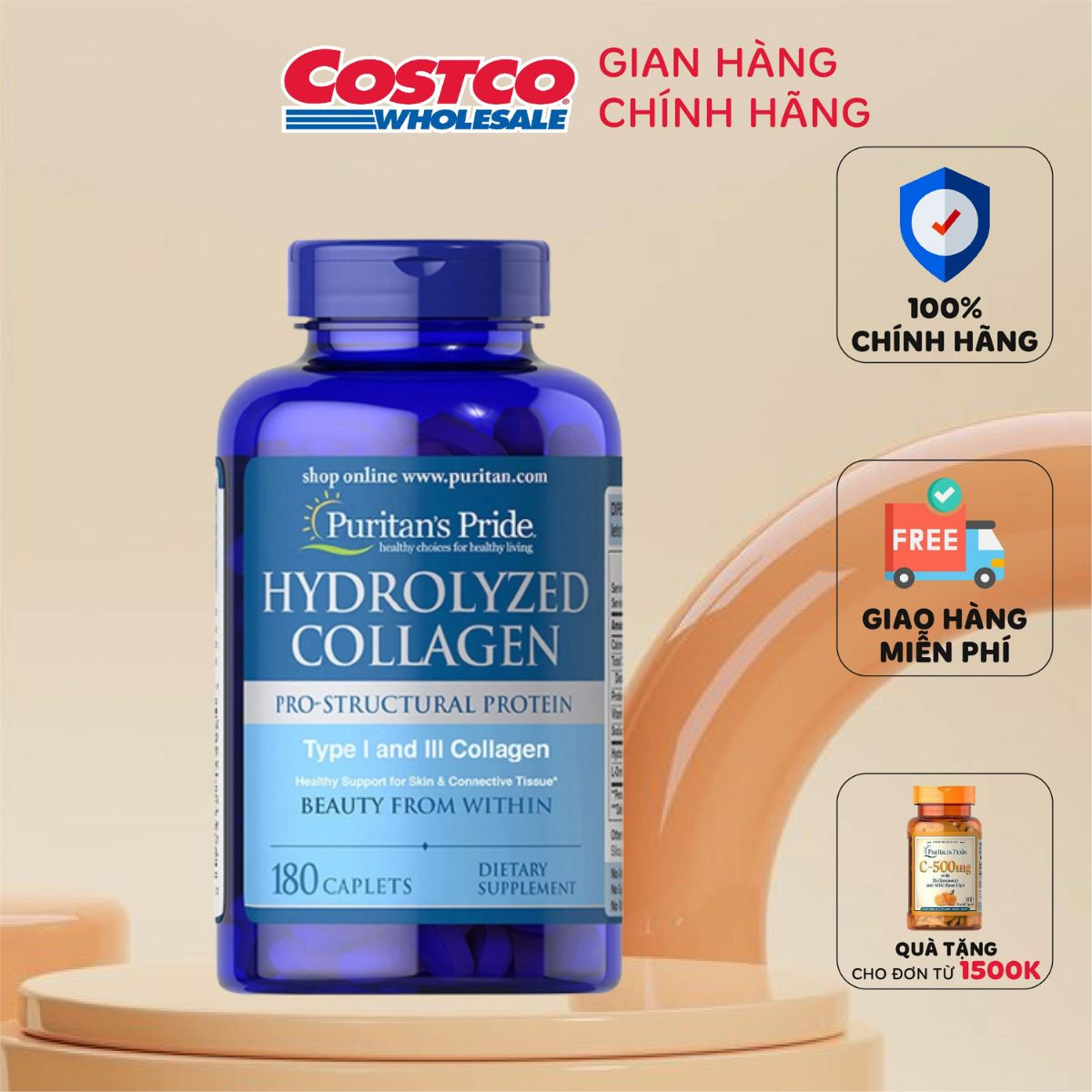Viên uống collagen thủy phân giup trắng da, mờ nám Collagen Puritan's Pride Hydrolyzed Collagen 1000mg 180 viên