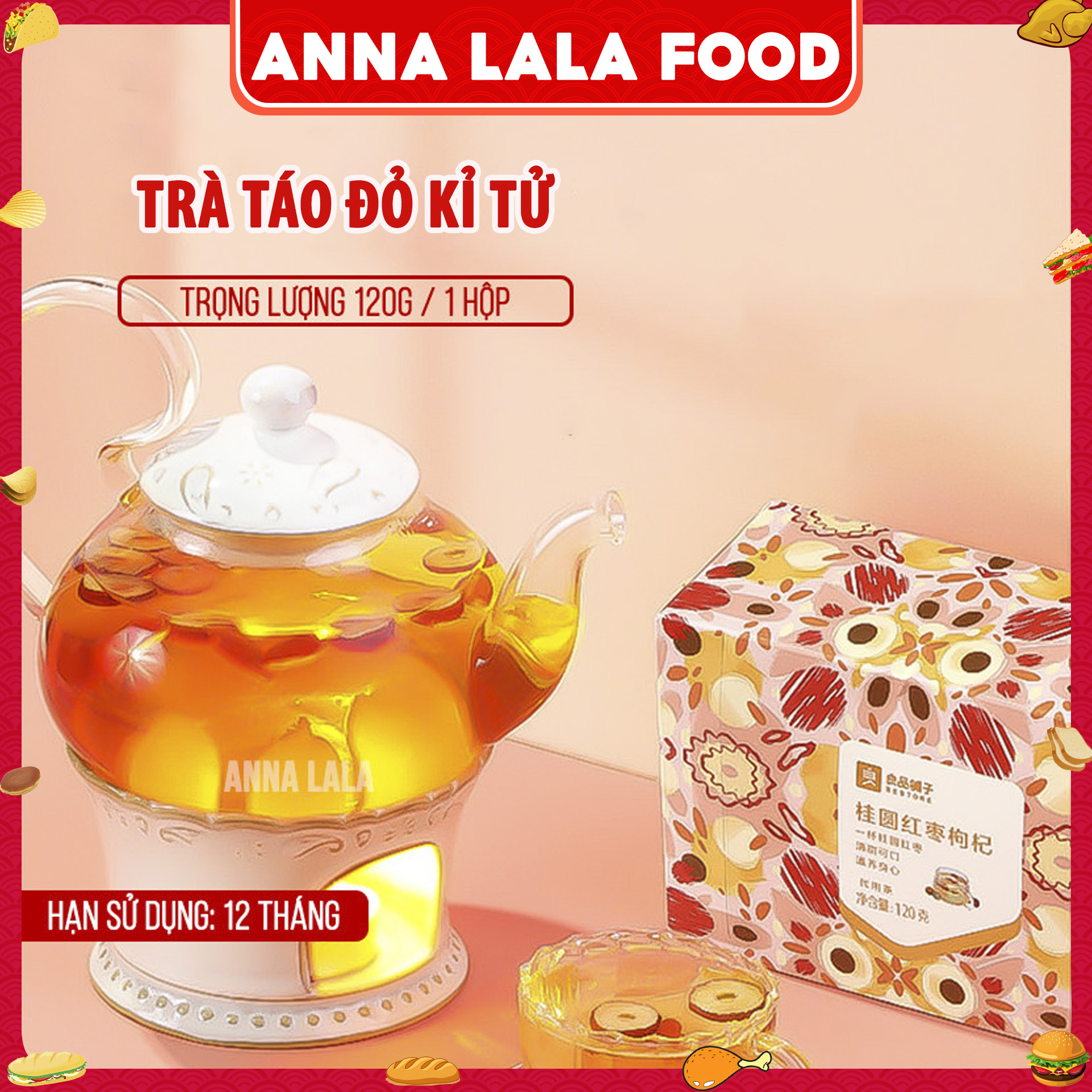 Trà táo đỏ kỉ tử thượng hạng, trào táo đỏ thái lát khô, trà thảo mộc 120g