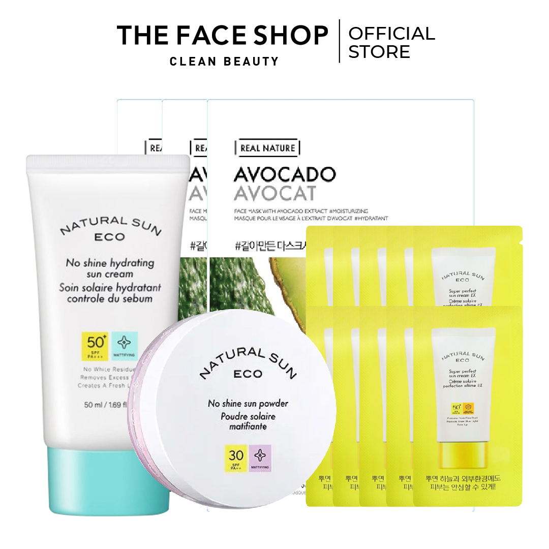Combo Kem Chống Nắng THE FACE SHOP 50ml+Phấn Phủ Dạng Bột Kiềm Dầu 13G+Mặt Nạ Bơ+Kem Chống Nắng 1.2Ml