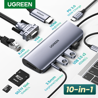Bộ chuyển đổi USB C to HDMI + VGA + LAN 1Gbps + Hub USB3.0 + SD/TF + Audio Ugreen 10 IN 1 80133 - Chính Hãng