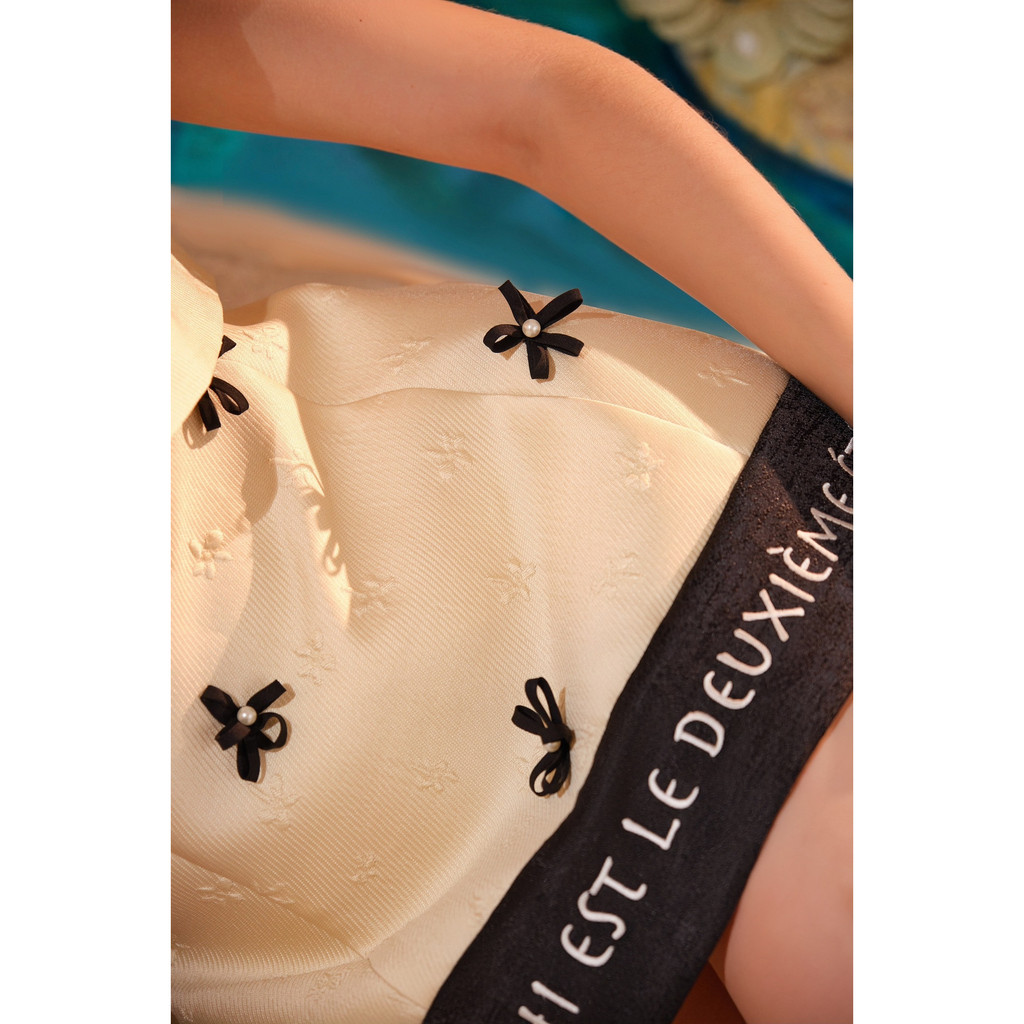 CHICHI - Váy taffta hoa tiêu phối taffta ánh kim đen Robe Adalie