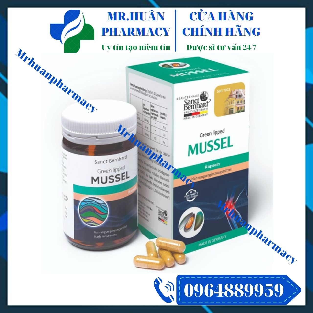 Viên uống hỗ trợ xương khớp Green Lipped Mussel Kapseln (Lọ 60 viên) của Đức - Giúp giảm đau xương khớp, tái tạo mô sụn