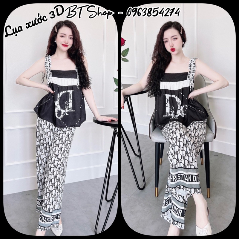 Đồ ngủ lụa áo 2 dây bảng bèo ren nơ quần dài freesize 42-57kg