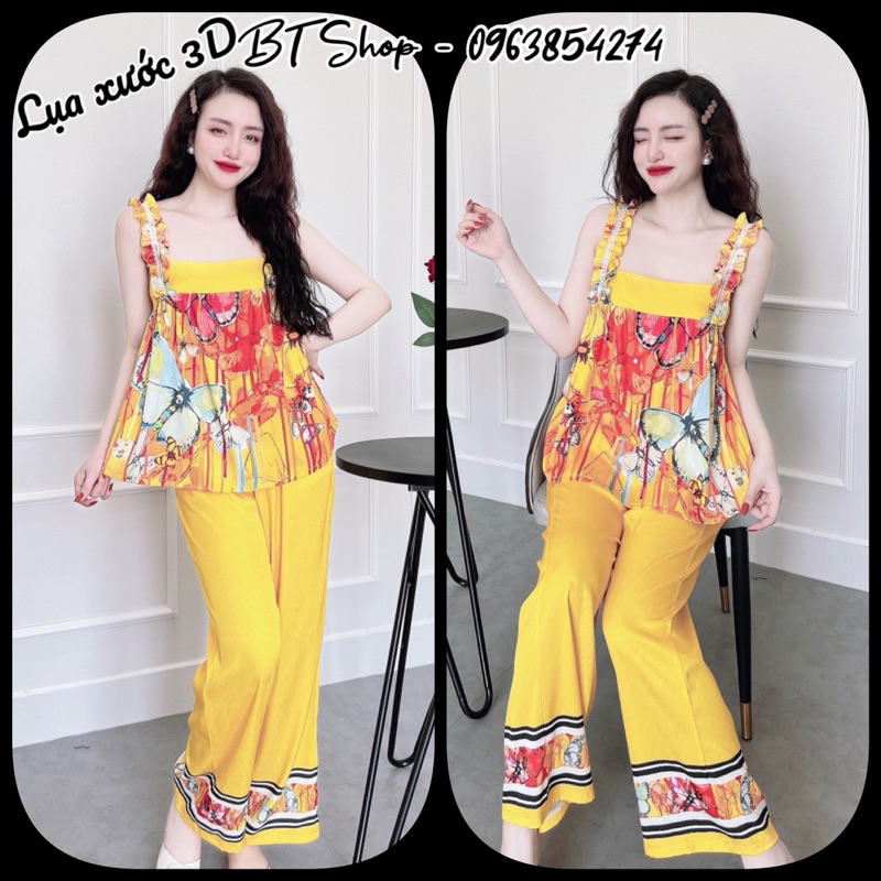 Đồ ngủ lụa áo 2 dây bảng bèo ren nơ quần dài freesize 42-57kg