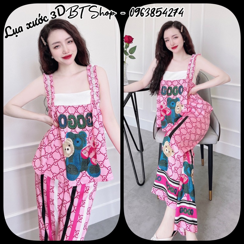 Đồ ngủ lụa áo 2 dây bảng bèo ren nơ quần dài freesize 42-57kg