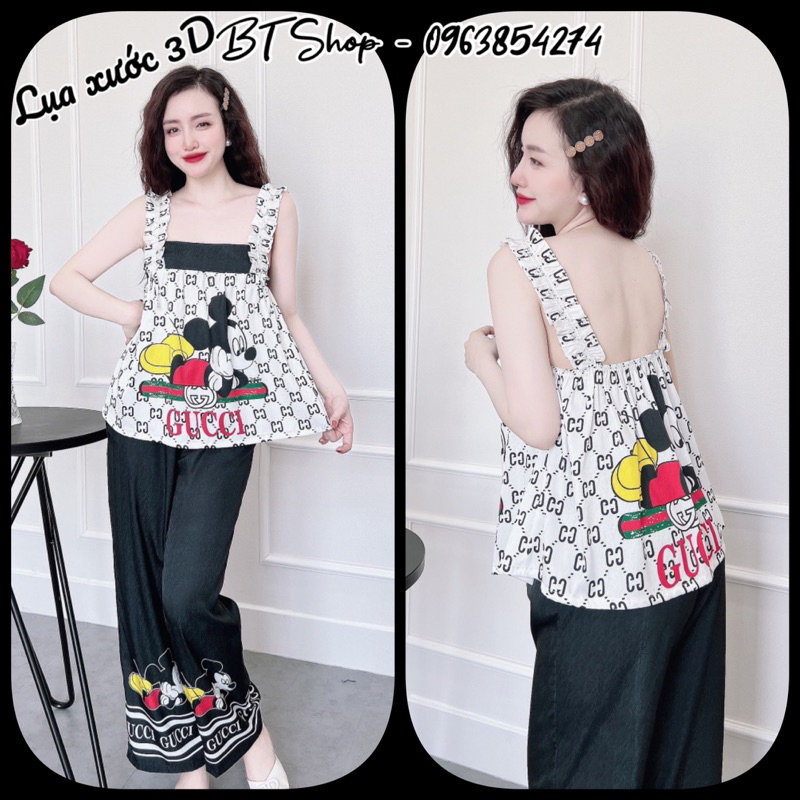 Đồ ngủ lụa áo 2 dây bảng bèo ren nơ quần dài freesize 42-57kg